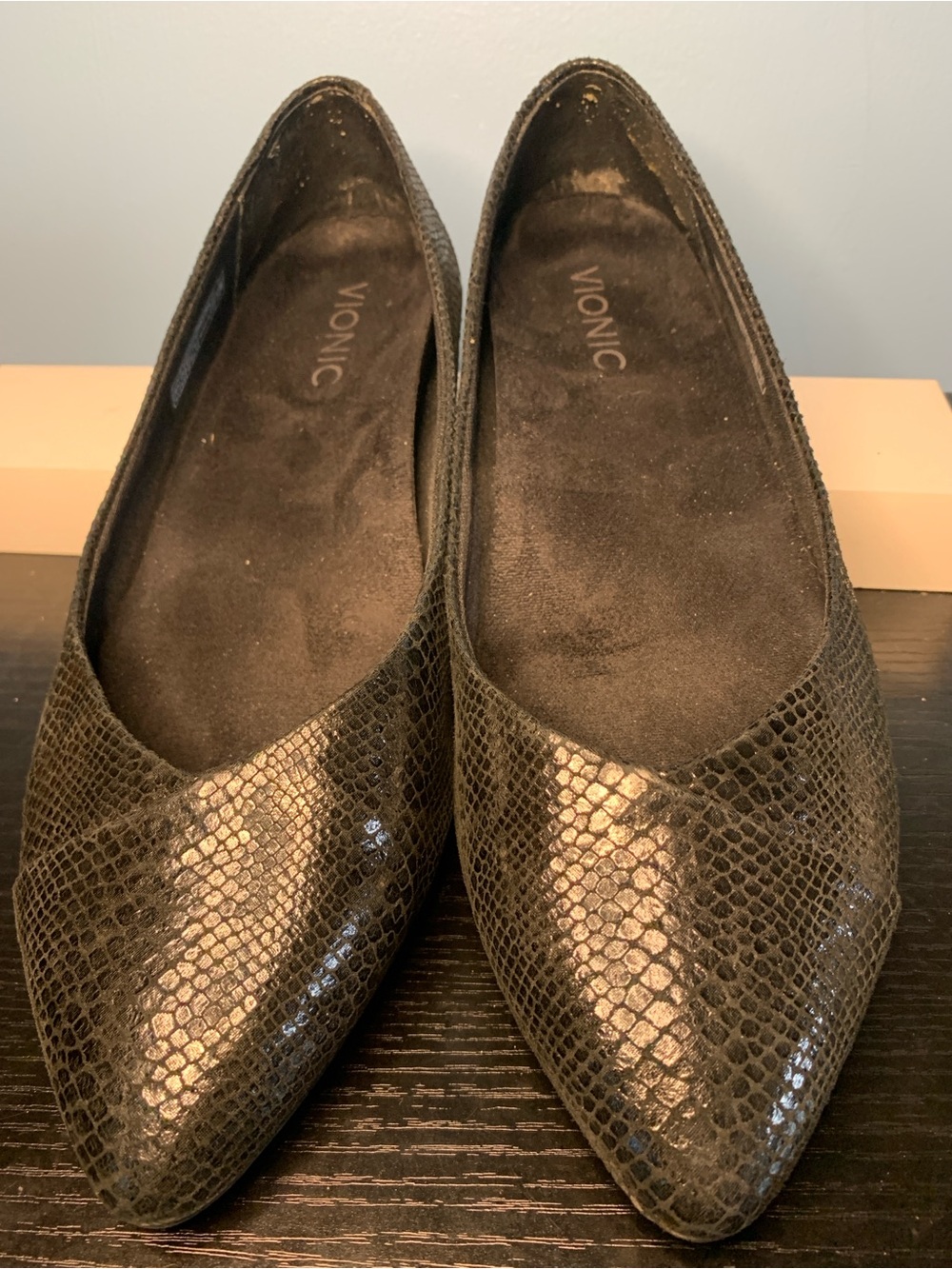 Vionic Black Snake-Embossed Pointed Toe Flats